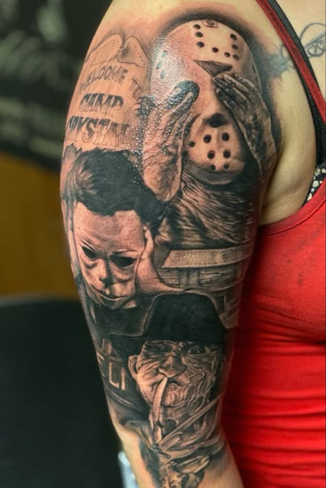 Horror Villains Tattoo, Horror Stomach Tattoos, Chucky Chest Tattoo, Chucky Jason Freddy Tattoo, Famous Movie Tattoos, Jason Arm Tattoo, Jason Freddy Michael Myers Chucky Tattoo, Scary Movie Characters Tattoos, Horror Tattoo Sleeve Women