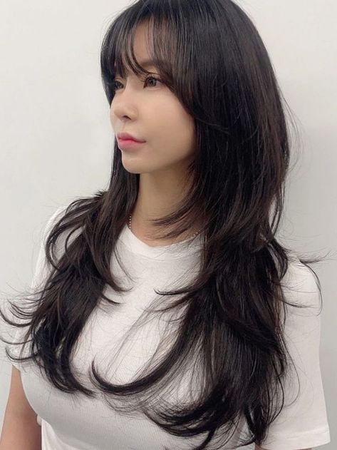 (Korean Layered Haircut) hush cut for long waves Long Soft Wolfcut, 3layer Haircut, Kpop Layered Haircut, Layer Haircut Bangs, Japanese Haircut Long Layered Hair, Long Hair Wolfcut With Bangs, Long Hush Cut With Bangs, Long Hush Cut Straight Hair, Hush Cut Long Hair Straight