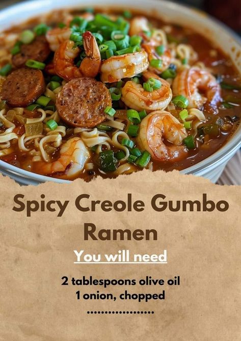 Cajun Ramen, Gumbo Recipe Crockpot, Spicy Gumbo, Ramen Ingredients, Creole Gumbo, Seafood Soup Recipes, Recipes Spicy, Smoked Sausage Recipes, Louisiana Cajun