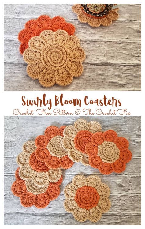 Swirly Bloom Coasters Crochet Free Pattern Crochet Fall Coasters, Crochet Coasters Free Pattern, Flower Coasters, Coaster Pattern, Crochet Cozy, Crochet Coaster Pattern, Crochet Coaster, Crochet Plant, Crochet Fall