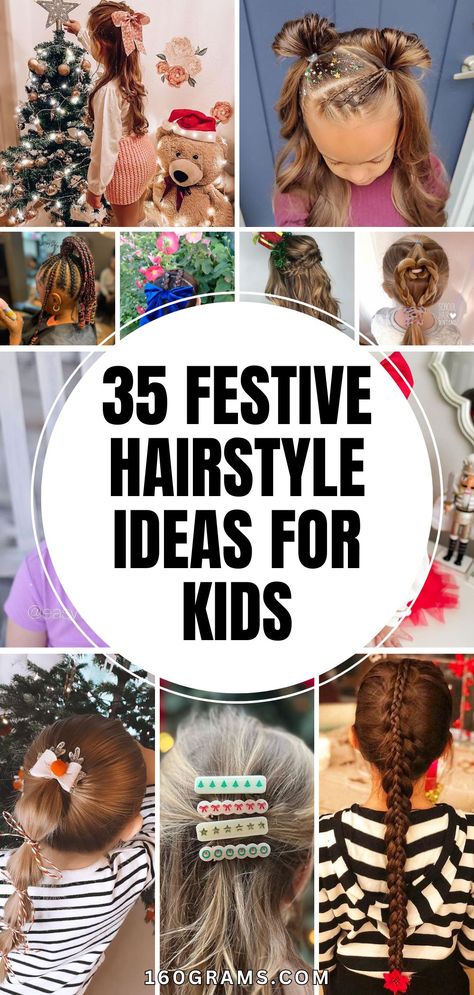 Save this pin for a plethora of adorable and festive hairstyle ideas for kids this Christmas season. From cute braids to sparkly accessories, these styles will make your child shine bright at any holiday gathering! #ChristmasHairstyles #KidsFashion #HolidayHairIdeas Christmas Pictures Hairstyles For Kids, Christmas Kids Hairstyles Easy, Cute Easy Christmas Hairstyles For Kids, Holiday Kids Hairstyles, Tree Topper Hair Ideas For Kids, Easy Holiday Hairstyles For Kids, Christmas Hairdos For Kids, Christmas Program Hairstyles For Kids, Girls Christmas Hair Ideas