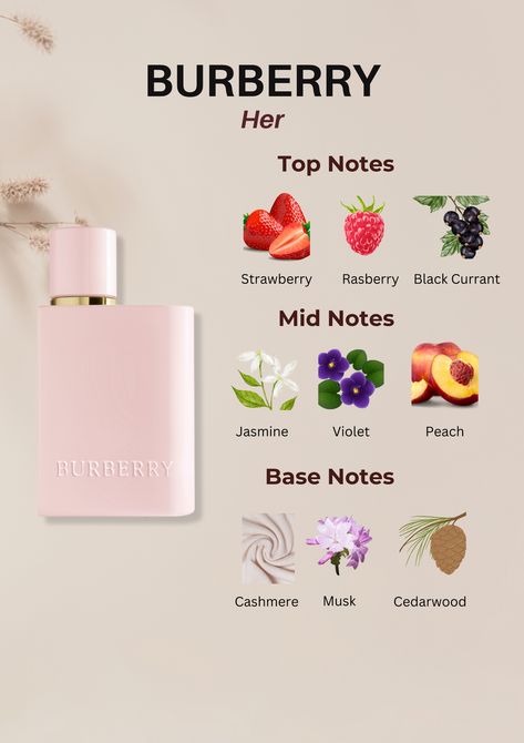 Step into luxury with Burberry Her! Delight in the top notes of Strawberry, Raspberry, and Black Currant, followed by the enchanting mid notes of Jasmine, Violet, and Peach. Dive into sophistication with the base notes of Musk, Cedarwood, and Cashmere. Elevate your senses and click now to immerse yourself in this irresistible fragrance journey! 🍓✨ #BurberryHer #LuxuryPerfume #FragranceNotes #SignatureScent Perfume Notes For Women, Burrbery Parfume, Burberry Perfume Women, Burberry Her Perfume, Berry Perfume, Burberry Her Elixir, Burberry Her, Her Perfume, Seductive Perfume