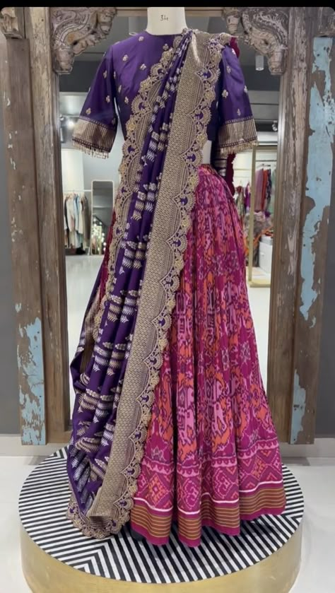 Pink Chaniya Choli Navratri, Purple Contrast Color Combinations Dress, Patola Chaniya Choli, Patola Lehenga, Kalamkari Dresses, Lehenga Saree Design, Half Saree Lehenga, Indian Outfits Lehenga, Half Sarees