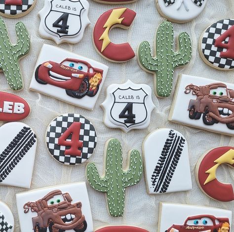 Cars Theme Birthday Party Desserts, Mcqueen Cookies Birthday, Cars Movie Cookies Decorated, Lighting Mcqueen Cookies, Lightning Mcqueen First Birthday, Pixar Cars Cookies, Cars Cookies Disney, Lightning Mcqueen Cookies, Pixar Cars Cake