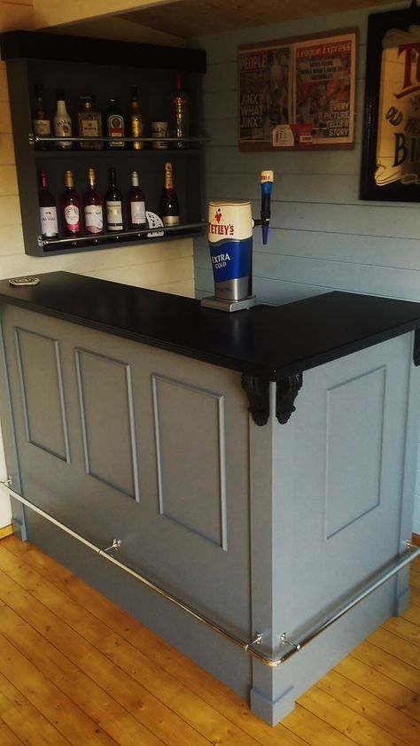 Bars For Man Cave, Game Room And Bar Ideas, Retro Basement Bar Ideas, Home Bar Diy Ideas, Black Bar Ideas For Home, Basement Bar Corner, Small Garage Bar, Bar Paint Colors, Panelled Bar