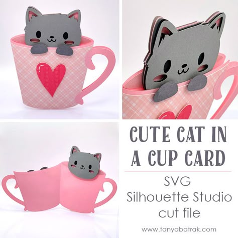 Cute Cup Cards Cricut Cat Birthday Card, Cat Popup Card, Cat Card Ideas Birthday, Cricut Card Making Ideas, How To Make A Cute Birthday Card, Funny Diy Cards, Cat Card Ideas, Cricut Pop Up Cards, How To Make Pop Up Cards