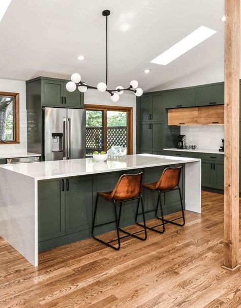 Cabinet color is Dakota Shadow by Benjamin Mooreo Dakota Shadow Benjamin Moore, Benjamin Moore Dakota Shadow, Shadow Benjamin Moore, Steel French Doors, Home Bar Areas, Cabinet Color, Bold Wallpaper, Green Cabinets, Low Cabinet