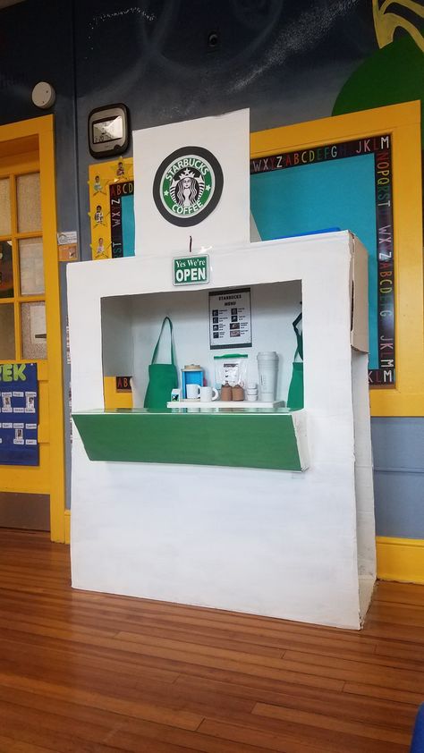 Cardboard Storefront Ideas, Starbucks Play Center, Cardboard Classroom Ideas, Thing To Make Out Of Cardboard, Cardboard Living Room, Cardboard Dramatic Play, Cardboard Shop Diy, Cardboard Pretend Play, Cardboard Box Crafts Easy