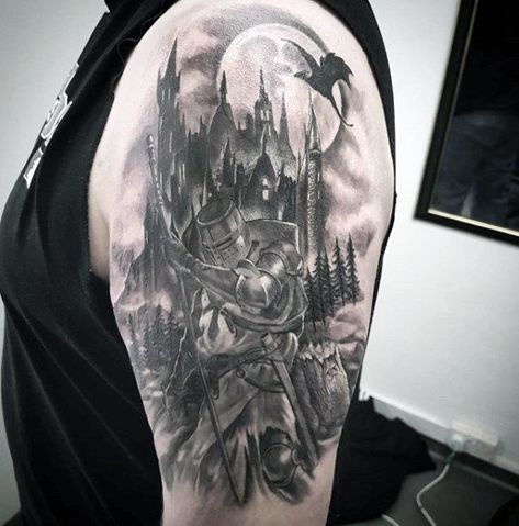 Dragon Flying Over Castle With Knight Mens Arm Tattoos Dragon Arm Tattoo, Dragon And Knight, Arm Tattoo Designs, Dragon Medieval, Dragon Tattoos For Men, Castle Tattoo, Dragon Sleeve, Medieval Tattoo, Gothic Dragon