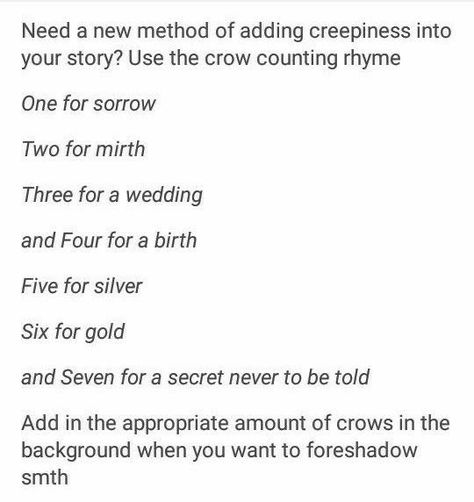 Crow Counting, Writing Plot, Writing Inspiration Tips, Story Writing Prompts, Writing Dialogue Prompts, Writing Prompts For Writers, Creative Writing Tips, Writing Motivation, Writing Inspiration Prompts