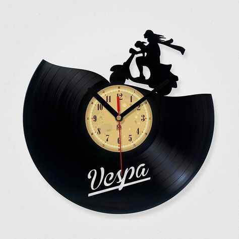 Vinyl Record Clock - Vespa – VinylEaters Record Crafts, Vinyl Clock, Vinyl Record Clock, Homemade 3d Printer, Record Clock, Vinyl Record Wall, 3d Printing Pen, Vespa Lambretta, Vespa Vintage