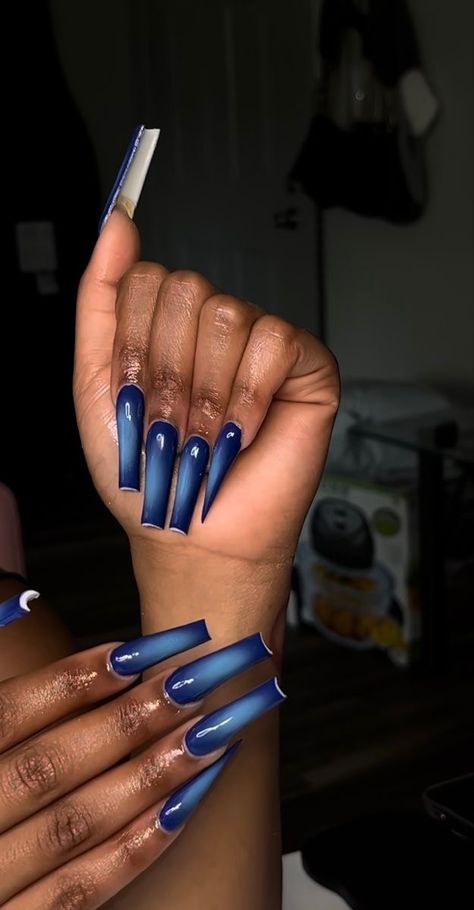 Long Dark Blue Nails, Nail Designs Dark Blue, Icy Nails, Blue Stiletto Nails, Ballerina Acrylic Nails, Junk Nails, Halloween Acrylic Nails, Nail Blue, Gel Nails Diy