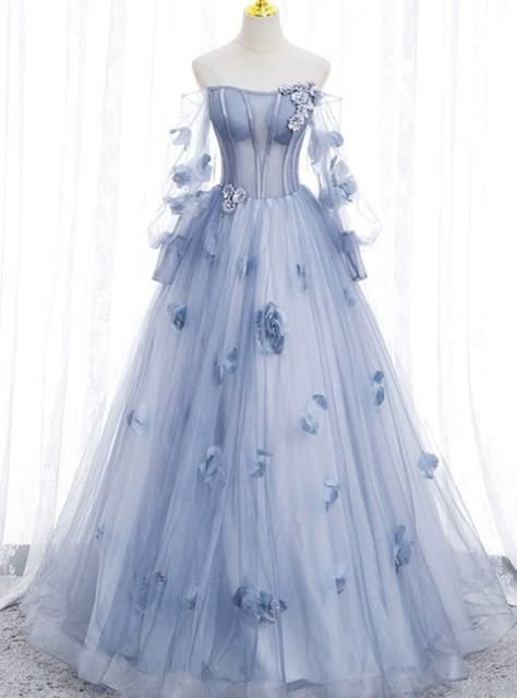 Blue Tulle Long Sleeve Flower Prom Dress Robes Quinceanera, Gaun Abad Pertengahan, Blue Wedding Dress, Skai Jackson, Gaun Fashion, Long Sleeve Dress Formal, Blue Tulle, Long Sleeve Prom, Junior Prom Dresses