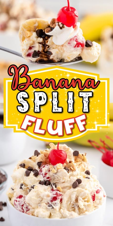 Banana Split Fluff, Dessert Salad Recipes, Fluff Salad Recipes, Easy Fruit Salad Recipes, Cool Whip Desserts, Banana Split Dessert, Fluff Recipe, Fruit Salad Easy, Fluff Desserts