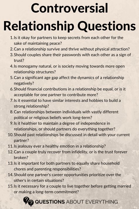 controversial relationship questions Saving Your Relationship, Questions To Ask Yourself Relationships, Questions To Ask About Relationships, Beginning Relationship Questions, Controversial Relationship Questions, Questions For New Relationships, Long Term Relationship Questions, Controversial Questions To Ask, Deepest Questions To Ask