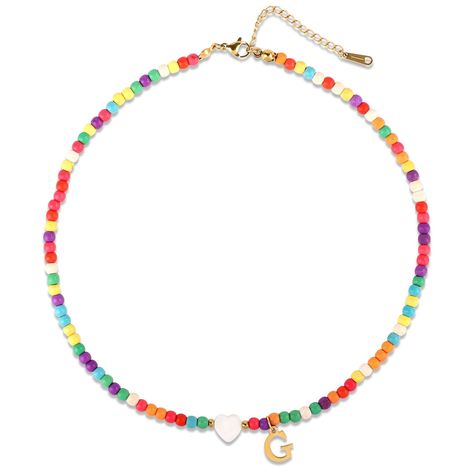 PRICES MAY VARY. Packing List: You wil receive 1 piece of colorful beaded initial necklace, which measures about 37cm/14.56in in perimeter, with an extension chain of about 5.5cm/2.16in. It can adjust suitable length that you need. Premium Material: Our letter beaded necklaces are made of shell heart and colorful artificial turquoise beads. The letter pendant is made of quality stainless steel, sturdy and rreusable, comfortable to wear, no damage to the skin. You can wear it with confidence. Spe Pony Bead Necklace, Rainbow Beaded Necklace, C Initial, Shell Heart, Alphabet Pendant, Alphabet Necklace, Necklace With Heart, Necklace Colorful, Stylish Letters