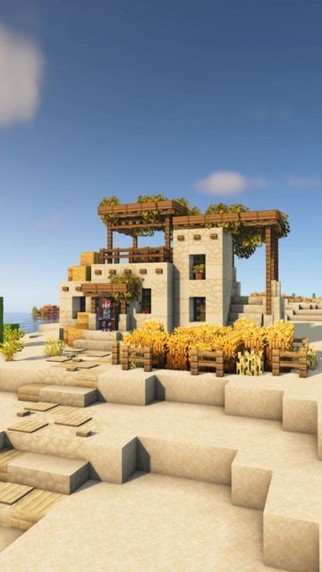 Minecraft Desert Oasis Builds, Minecraft Dessert House Ideas, Dessert Village Minecraft, Desert Farm Minecraft, Sand Village Minecraft, Minecraft Sand House, Desert Mansion Minecraft, Desert Well Minecraft, Minecraft Sand Castle