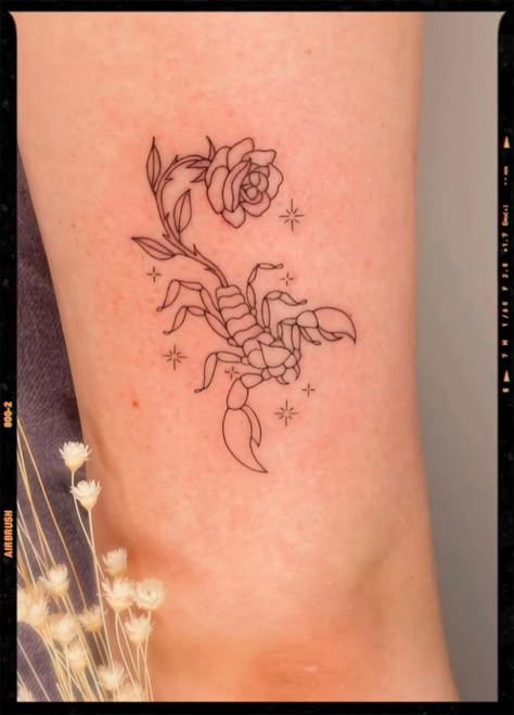 Scorpio With Rose Tattoo, Scorpion Tattoo With Rose, Scorpio With Flowers Tattoo, Scorpio Venus Tattoo, Scorpion Lollipop Tattoo, Pink Scorpion Tattoo, Scorpio Rose Tattoo, Scorpio Tattoo For Women, Small Scorpion Tattoo Woman