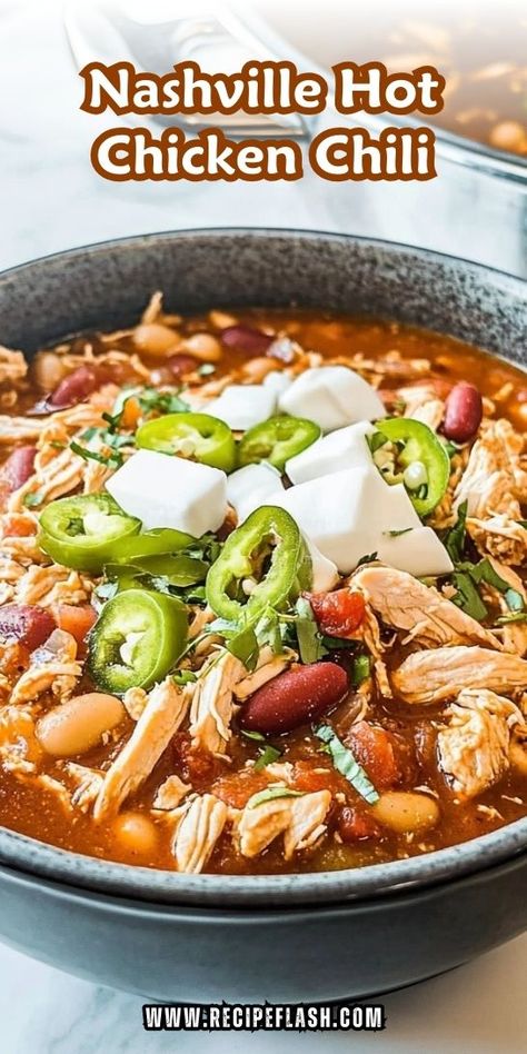 Looking for a unique twist on traditional chili? The Best Nashville Hot Chicken Chili Recipe brings a fiery kick to your dinner table! Perfect for spice lovers, this dish will impress your family and friends. Don’t forget to save this recipe for your upcoming chili night! Pheasant Chili Recipes, Nashville Hot Chicken Chili, Hot Chicken Chili, Chili Recipe Spicy, Rotisserie Chicken Chili, Best Chili Recipe Award Winning, Southwest Chicken Chili Recipe, Chili Recipe No Tomatoes, Glamping Food