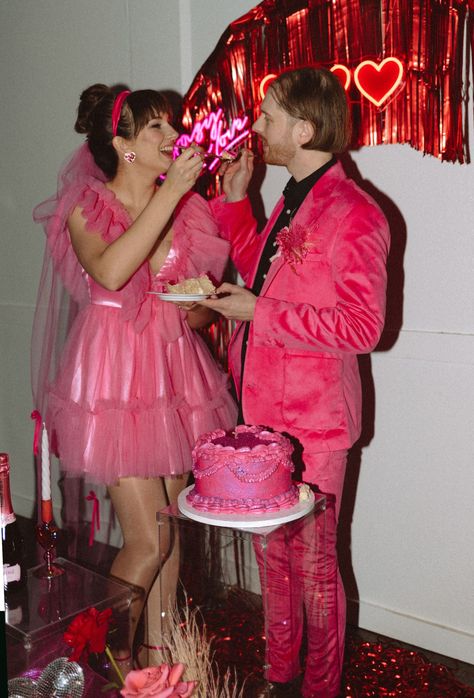 This Valentine’s Day Wedding Shoot Is Packed With Pink + Red Retro Romance Red And Hot Pink Wedding, Lucky In Love Wedding Theme, Kitsch Wedding Decor, Vintage Valentine Wedding, Valentine’s Day Wedding, Neon Pink Wedding, Gen Z Wedding, Hot Pink Wedding Dress, Pink Wedding Dress Short