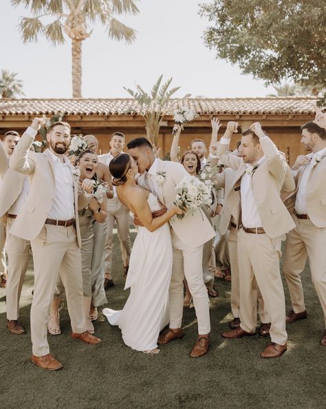 Tan Groomsmen, Beach Wedding Groom Attire, Neutral Wedding Decor, Beige Bridesmaids, Wedding Group Photos, Groomsmen Party, Bridal Party Groomsmen, Bridal Parties Colors, Wedding Groomsmen Attire