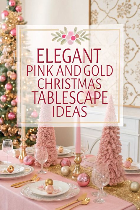 Pink Christmas Tablescapes Ideas, Pink Christmas Table Runner, Rose Gold Christmas Table Setting, Pink Christmas Dinner Table, Pink Christmas Table Settings Ideas, Pink Christmas Centerpieces For Table, Pink And Gold Christmas Decorations, Pink And Red Christmas Table, Pink Christmas Tablescapes