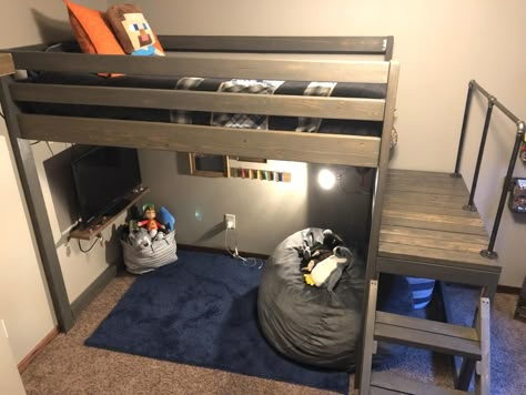 Gaming Setup Under Loft Bed Bunk, Bunk Beds With Gaming Area, Loft Bed With Hangout Area, Loft Bed Tv Under, Lego Loft Bed, Under A Loft Bed Ideas, Boy Loft Room, Loft Bed With Tv Underneath, Under Loft Bed Ideas Kids Boys