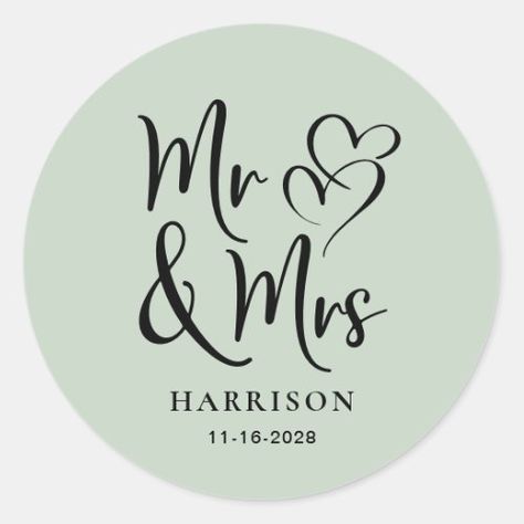 $7.25 | Mr Mrs Sage Wedding #wedding, mr and mrs, wedding label, bride groom, party favor, monogrammed, hearts, elegant, chic, sage green Wedding Mr And Mrs, Groom Party, Sage Wedding, Green Sticker, Mr And Mrs Wedding, Wedding Labels, Two Hearts, Elegant Chic, Sticker Size