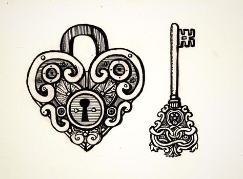 heart shaped lock and key valentine (2012) Vintage Lock Tattoo, Heart Lock Drawing, Heart Lock Tattoo Design, Heart Lock And Key Tattoo, Heart Shaped Lock Tattoo, Heart Key Tattoo Designs, Padlock Tattoo, Heart Lock And Key, Lock Drawing