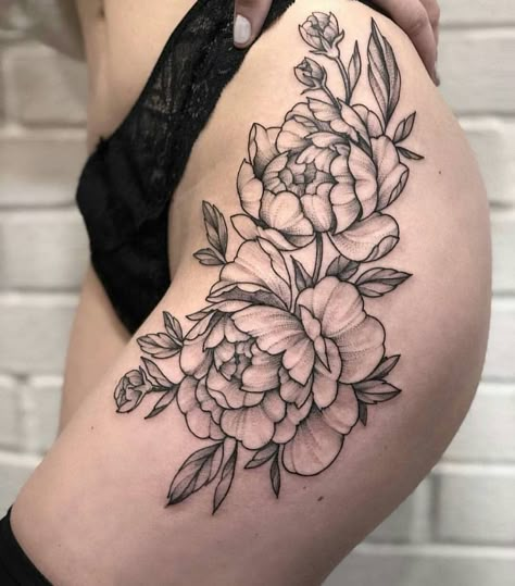 Side Leg Tattoo, Side Thigh Tattoos, Tatoo Inspiration, Peonies Tattoo, Dot Work Tattoo, Skin Art, Creative Tattoos, Piercing Tattoo, Thigh Tattoo