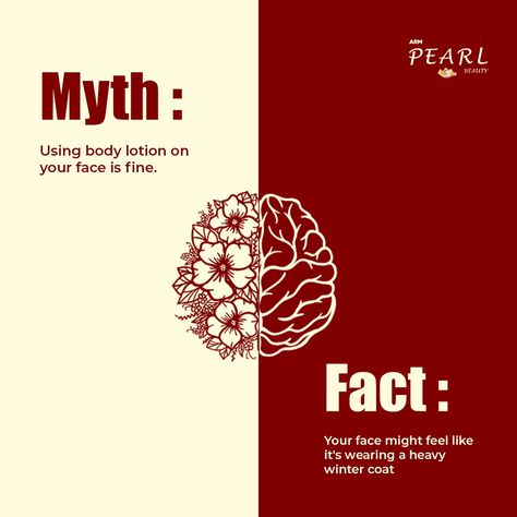 #2 Myth Vs Facts Did you know using body lotion on your face can be too heavy and clog your pores? Treat your skin right with ARM Pearl Beauty's face-specific products designed to nourish without overwhelming. Lighten up, breathe easy! [Skincare Myths, Face Care, ARM Pearl Beauty, Pore Care, Skin Health, Gentle Moisturization] #SkincareMyths #FaceCare #ARMPearlBeauty Skincare Myths, Skin Care Myths, Easy Skincare, Wedding Skincare, Beauty Myth, Teen Skincare, Breathe Easy, Holistic Beauty, Insta Post