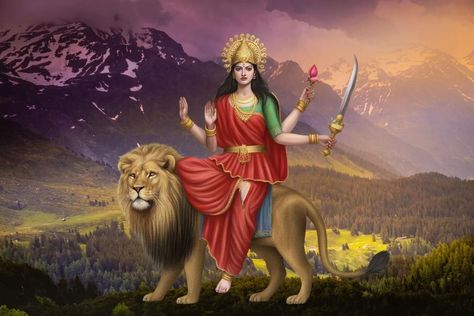 The Story of Maa Katyayani: The Slayer of Mahishasura - Images, Story, Mantra and Puja - PaperBeez Katyani Maa Images, Maa Katyayani Images, Katyani Maa, Katyayani Devi, Goddess Katyayani, Maa Image, Chaitra Navratri, Story Images, Warrior Goddess