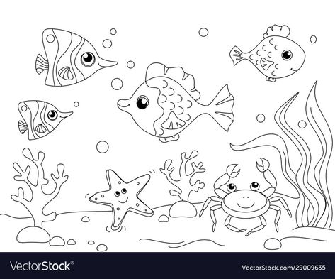 Water Cartoon, Underwater Drawing, Underwater Cartoon, Ocean Coloring Pages, Toddler Drawing, Fish Coloring, Underwater Background, Children Drawing, Fish Silhouette