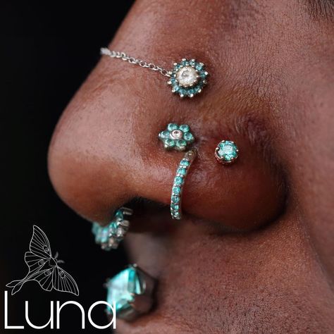 Triple Nostril Piercing, Two Nostril Piercing, Earring Setup, Stretching Ears, Beautiful Piercings, Different Piercings, Double Nostril Piercing, High Nostril Piercing, Septum Nostril