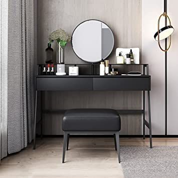 Black Vanity Bedroom, Vanity Area In Bedroom, Large Dressing Table, Black Dressing Table, Black Vanities, Black Vanity Desk, Black Dressing Tables, Black Sofa Table, Stool Bedroom