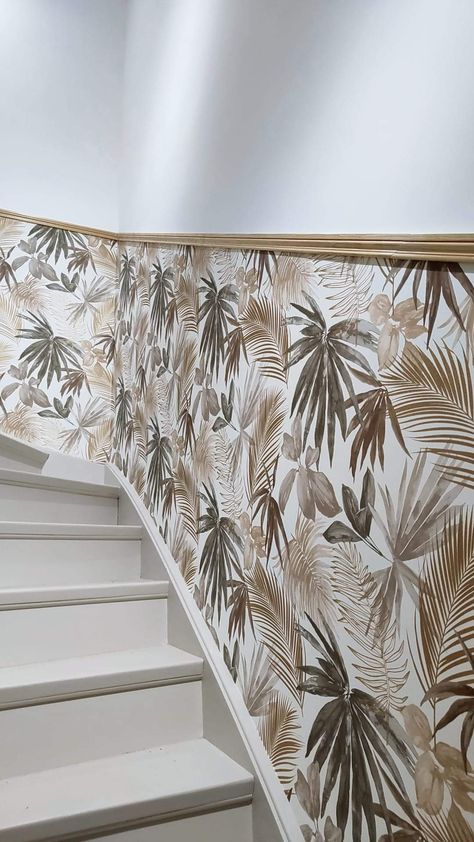 Stairs With Wallpaper, Minwax Stain Colors, Hallway Inspiration, Minwax Stain, Summer Patio, Deck Decorating Ideas, Patio Decorating Ideas, Wood Stain, Patio Decorating