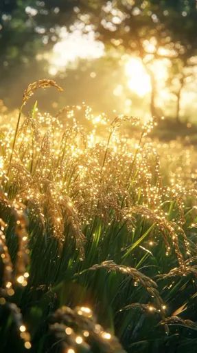 ↑↑↑ Larger size on website 🔸 A field of tall grass, glistening with dew drops in the morning sunlight.  The light casts a warm gl Atmospheric Landscape, Cabin 7, Morning Sunlight, Field Of Dreams, Morning Dew, Divine Light, Group 2, Dew Drops, Warm Yellow