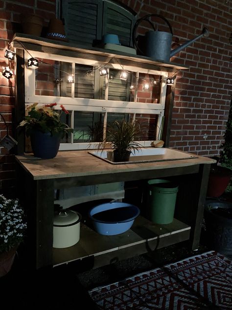 Garden Sink Ideas Outdoor, Potting Bench Ideas Diy With Sink, Potting Bench With Roof, Potting Bench With Farmhouse Sink, Farmhouse Sink Potting Bench, Potting Bench With Sink And Faucet, Potting Bench With Sink, Window Over Sink, Potting Station