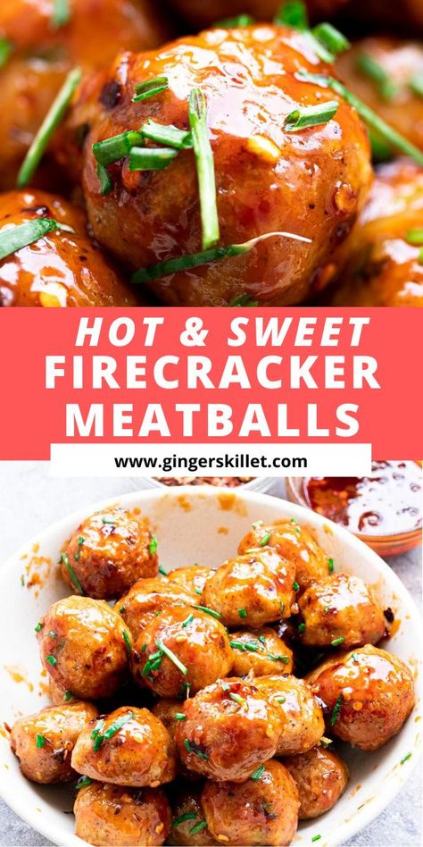 Spicy Meatballs Recipe, Firecracker Meatballs, Spicy Chicken Meatballs, Asian Chicken Meatballs, Ground Chicken Meatballs, Firecracker Chicken, Baked Chicken Meatballs, Chicken Meatball Recipes, Spicy Appetizers