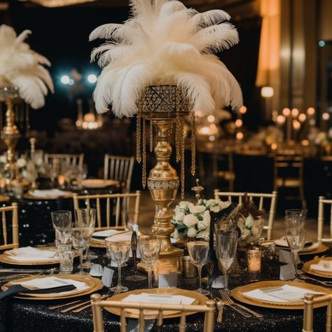 This wedding creates an atmosphere of luxury and romance, inspired by the culture of the 1920s. Everything should be elegant, shiny, and filled with details that reference the era. The color palette should be rich and diverse, with shades of navy blue, white, gold, and black prevailing. The venue can be a vintage mansion, theater, or a specially decorated banquet hall. Vintage Hollywood Decorations, Navy And Gold Wedding Theme Centerpieces, The Great Gatsby Wedding Theme, Gatsby Color Palette, 1920 Theme Wedding, 1920 Wedding Theme, 1920s Themed Wedding, Old Hollywood Glamour Wedding, Gangster Wedding