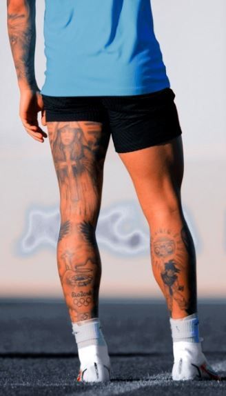 Tattoo Ideas For Men Mens Tattoo Leg Sleeve, Tattoo On Legs For Men Ideas, Back Of Calf Tattoo Men, Soccer Tattoos For Men Leg, Back Of Leg Tattoos Men, Leg Tattoos For Men Calves, Back Leg Tattoo Men, Men’s Thigh Tattoo Ideas, Athlete Tattoos Men