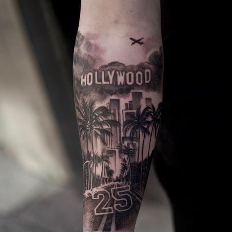 Hollywood Tattoo Design, Hollywood Tattoo Ideas, Hollywood Sign Tattoo, La Tattoos Ideas, California Tattoo Ideas, Hollywood Tattoo, Half Sleeve Tattoo Stencils, Skyline Tattoo, Los Angeles Tattoo