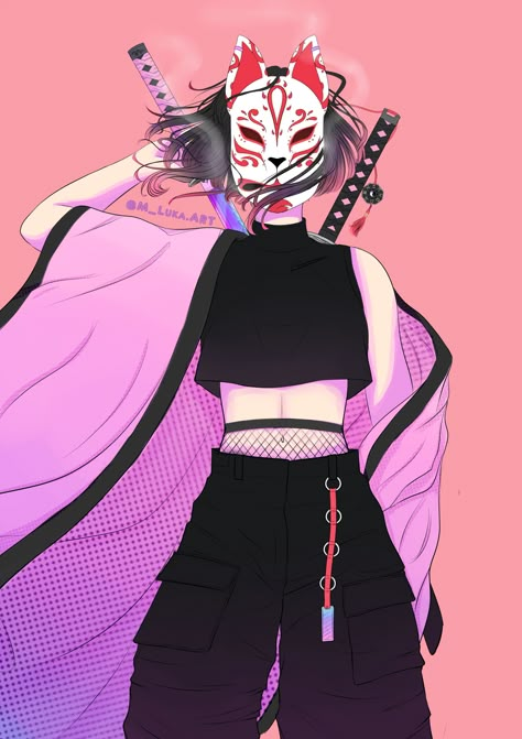 Samurai Girl, Japanese Spring, Kitsune Mask, Samurai Anime, Ninja Girl, Japon Illustration, Samurai Art, Masks Art, Cyberpunk Art