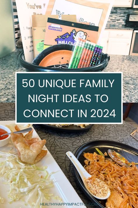 A visual collage featuring family night ideas with takeout food, colorful markers, and a Halloween-themed card, emphasizing connection in 2024. Family Night In Ideas, Family Night Activities At Home, Spooky Family Night, Family Things To Do At Home, Family Game Night Ideas For Kids, Family Ideas Activities, Family Fun Night Ideas At Home, Family Night Ideas At Home, School Family Night Ideas