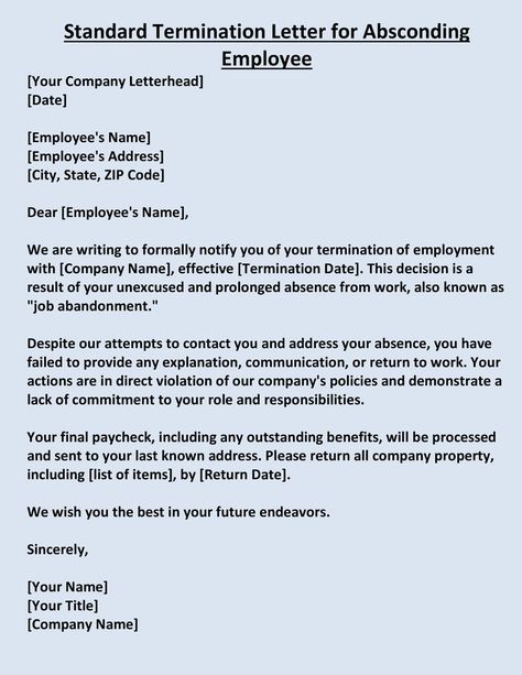 1. Standard Termination Letter for Absconding Employee If you are searching for a standard termination ...  Read more[5 Format] Termination Letter Formats for Absconding Employees in Word ... Termination Letter To Employee, Data Analyst Resume, Fresher Resume, Termination Letter, Computer Operator, Analyst Resume, Accountant Resume, Ats Friendly Resume, Job Cv