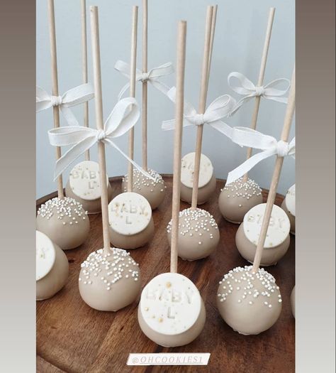 Cupcake Neutral Colors, Gender Neutral Cake Pops, Neutral Color Cake Pops, Beige Cake Pops, Beige Gender Reveal Party, Beige Baby Shower Cake, Neutral Dessert Table, Neutral Cake Pops, Cake Pop Gender Reveal