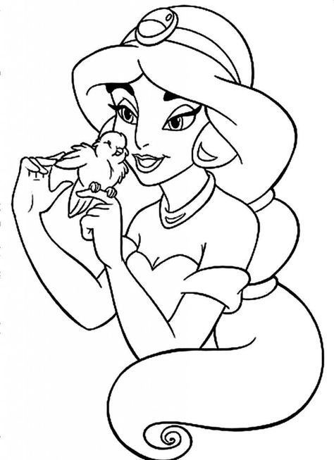 princess jasmine coloring page, jasmine with bird. Free Disney Coloring Pages, Ariel Coloring Pages, Cinderella Coloring Pages, Disney Coloring Sheets, Elsa Coloring Pages, Disney Princess Colors, Disney Princess Coloring Pages, Disney Jasmine, Cars Coloring Pages