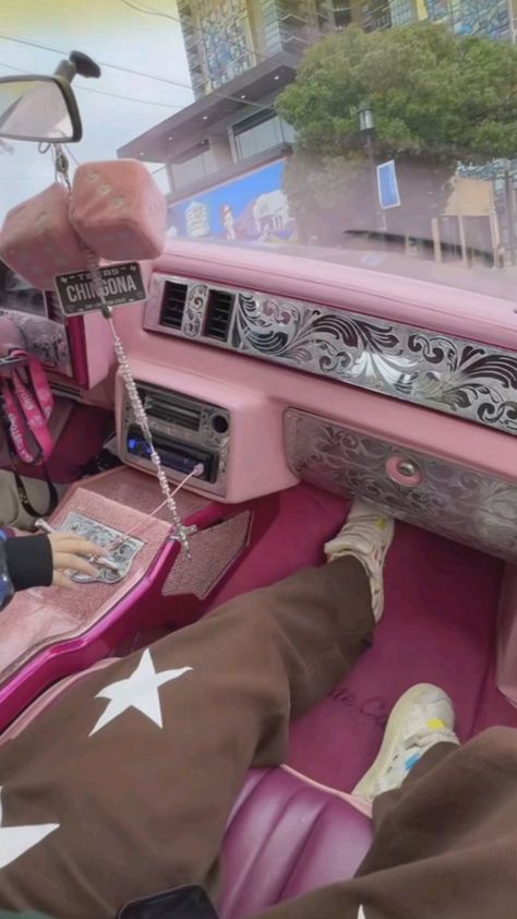 Pink Lowrider Aesthetic, Low Rider Interior, Pink Lowrider Wallpaper, Low Riders Cars, Pink Lowrider, Jdm Interior, Oldies Cars, Pink Chevy, Pink Truck