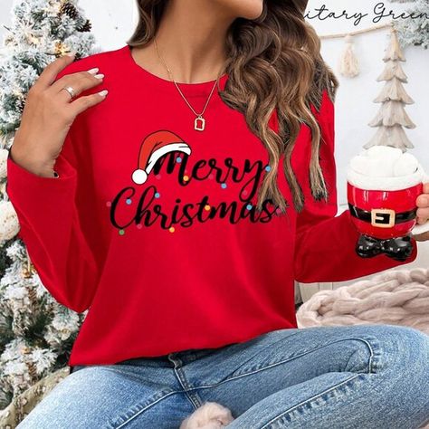 White Casual Women's Plus Size Christmas Red Round Neck Long Sleeve T-Shirt With Plus Size Christmas, Boho Picnic, Y2k Butterfly, Work Formal, Butterfly Blouse, Coachella Dress, Coverup Beach, Fall Birthday, Spring Boho