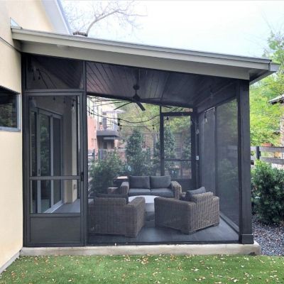 Screened In Covered Porch, Screened Porch With Steps Down To Patio, Enclosed Porches Ideas, How To Screen In A Covered Patio, Screened Patio Design, Pergola Gazebo Combo, Covered Enclosed Patio Ideas, Screened In Porch On Ranch Style House, Flat Roof Screened In Porch